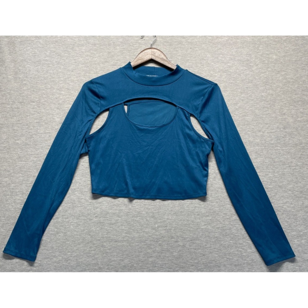 Love J Ribbed Knit Cropped Top Womens Large Blue Long Sleeve Chest Cutout Design